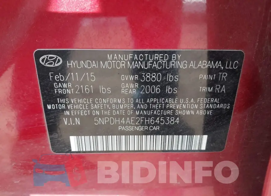 5NPDH4AE2FH645384 Photo# 9