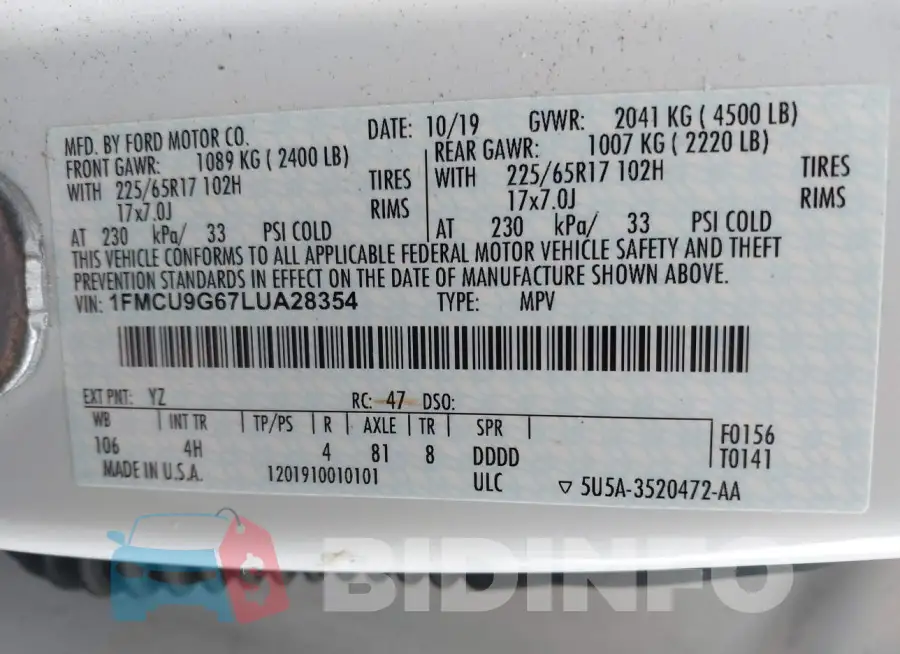 1FMCU9G67LUA28354 Photo# 9