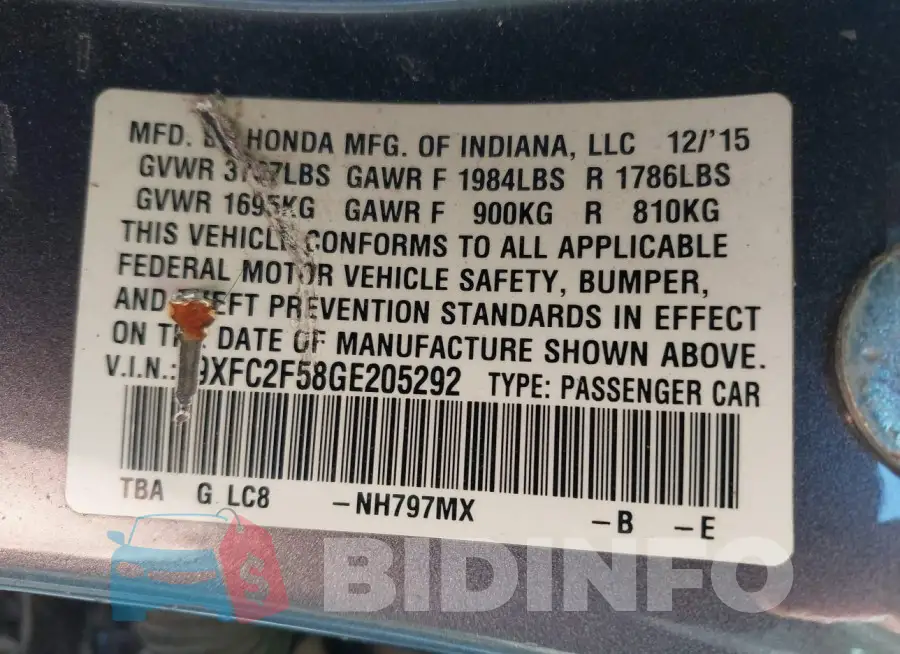 19XFC2F58GE205292 Photo# 9
