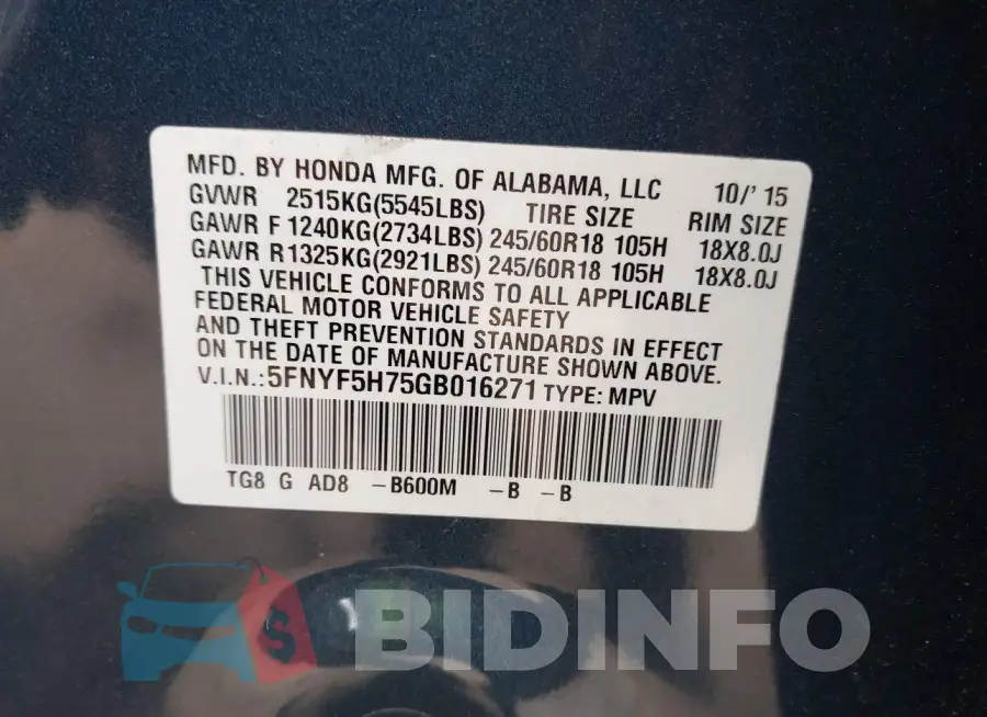 5FNYF5H75GB016271 Photo# 9