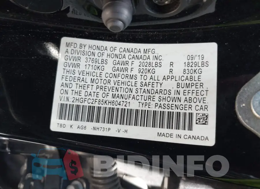 2HGFC2F85KH604721 Photo# 9