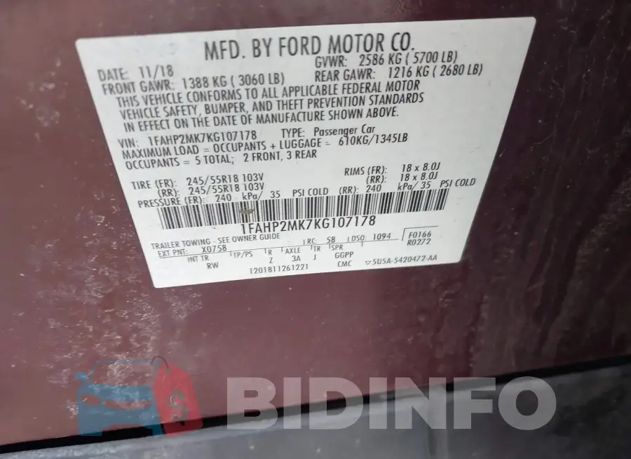 1FAHP2MK7KG107178 Photo# 9