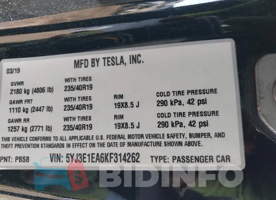 5YJ3E1EA6KF314262 Photo# 9