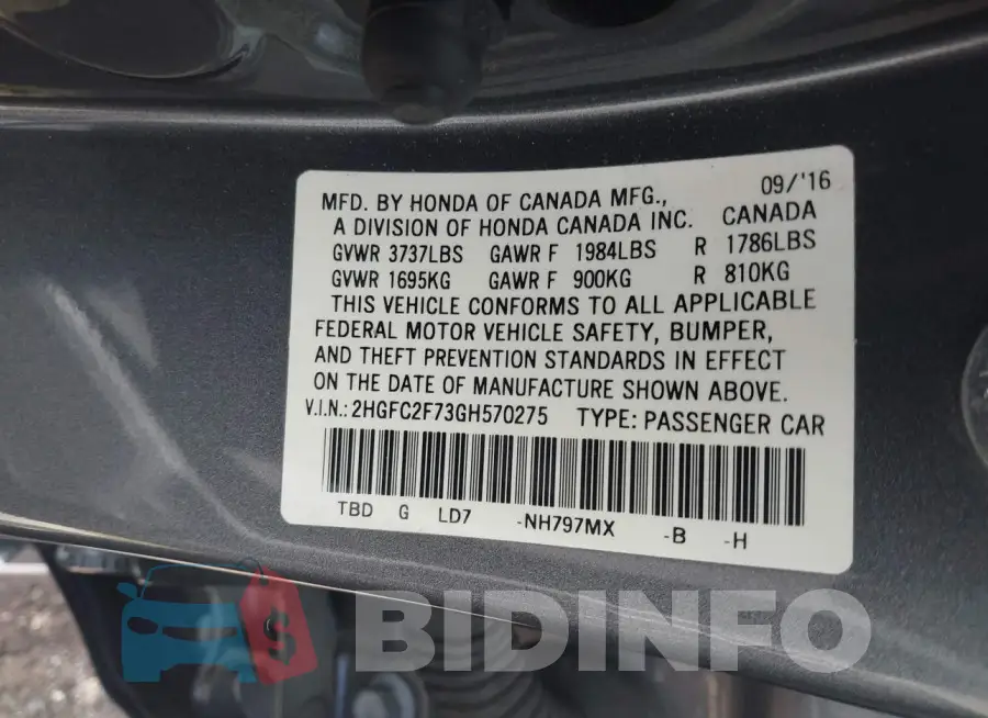 2HGFC2F73GH570275 Photo# 9