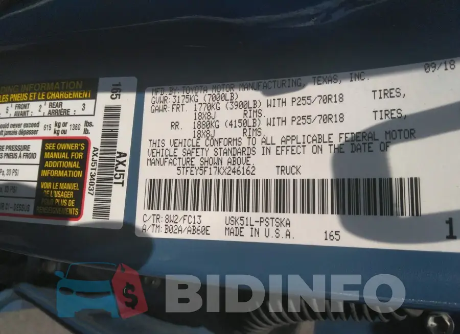 5TFEY5F17KX246162 Photo# 9