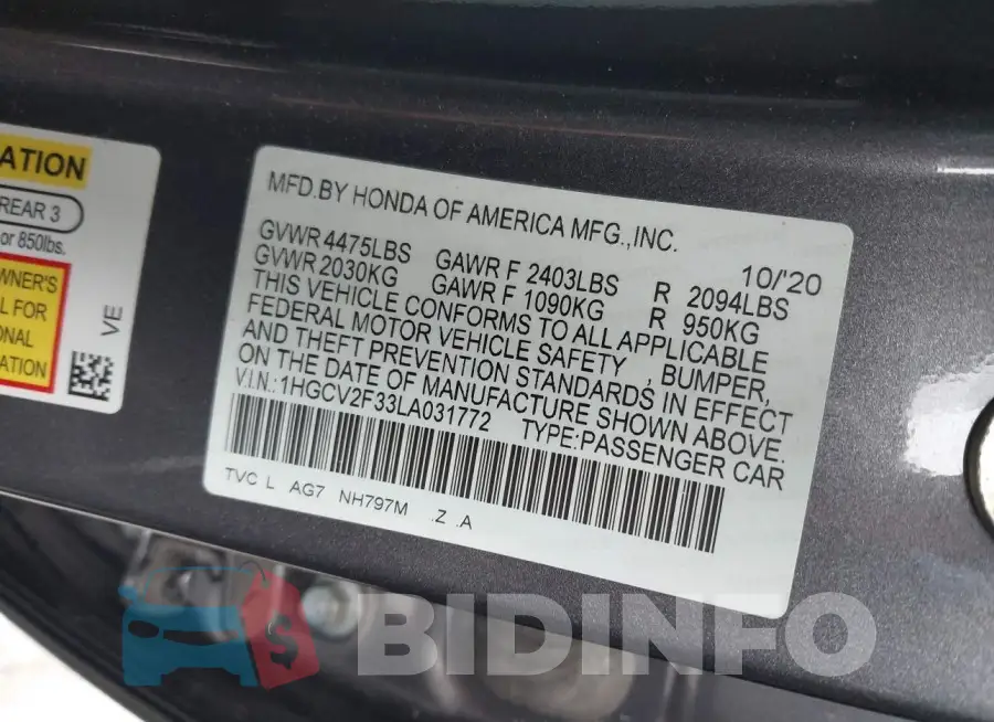 1HGCV2F33LA031772 Photo# 9