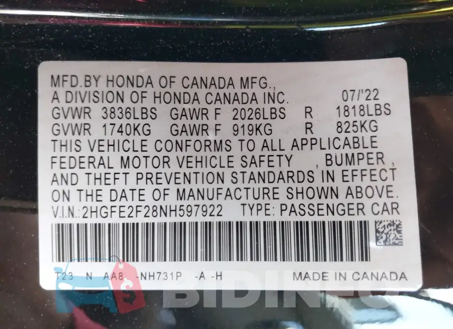 2HGFE2F28NH597922 Photo# 9