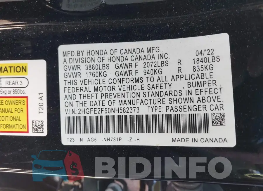 2HGFE2F50NH582373 Photo# 9