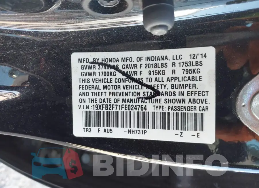 19XFB2F71FE024764 Photo# 9