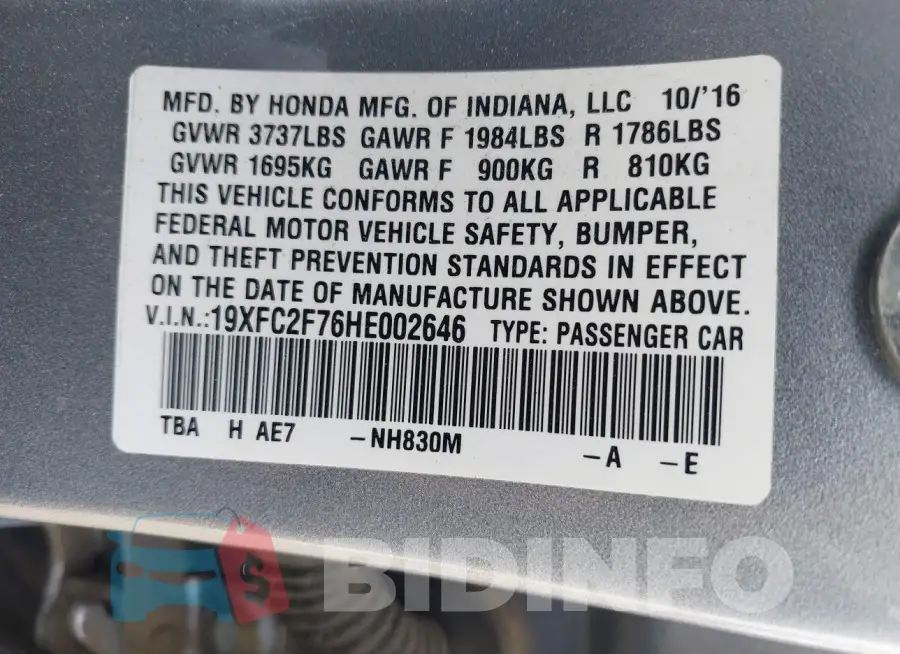 19XFC2F76HE002646 Photo# 9