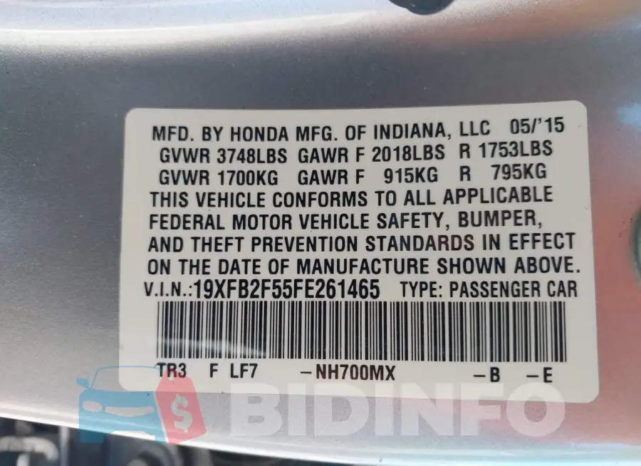 19XFB2F55FE261465 Photo# 9