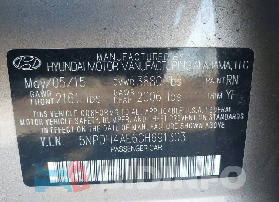 5NPDH4AE6GH691303 Photo# 9