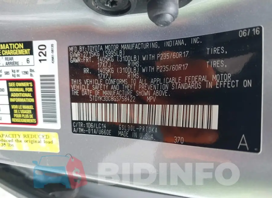 5TDYK3DC8GS758422 Photo# 9