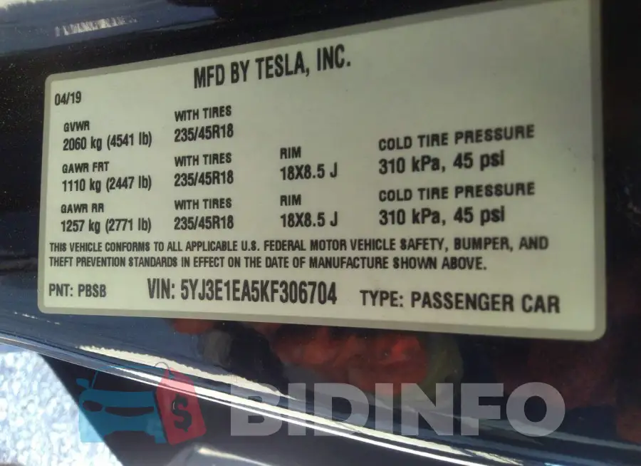 5YJ3E1EA5KF306704 Photo# 9