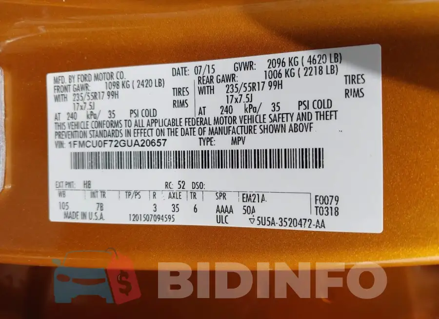 1FMCU0F72GUA20657 Photo# 9