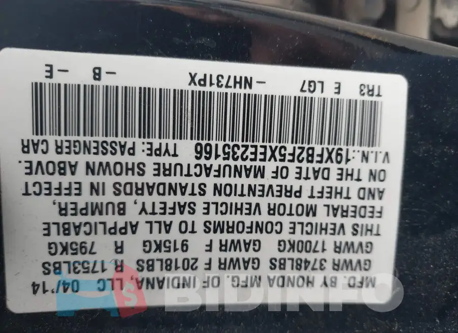 19XFB2F5XEE235166 Photo# 9