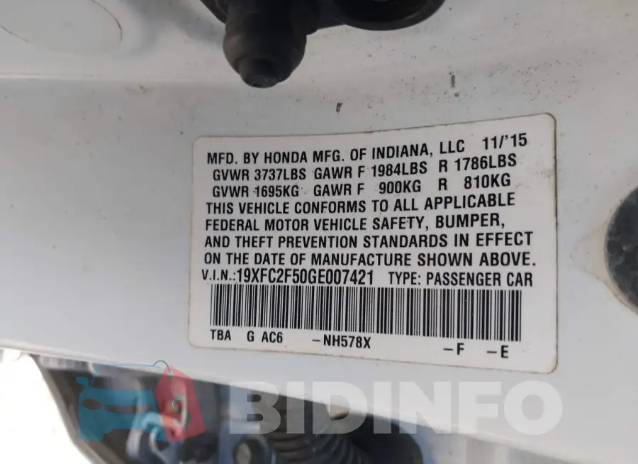 19XFC2F50GE007421 Photo# 9