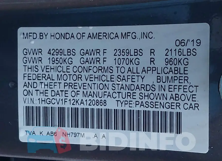 1HGCV1F12KA120868 Photo# 9