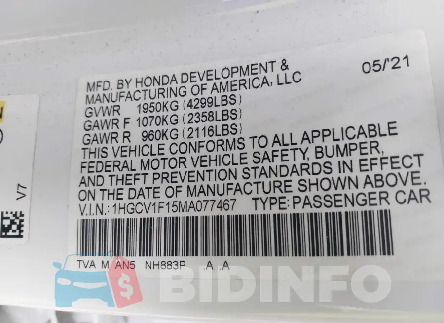 1HGCV1F15MA077467 Photo# 9