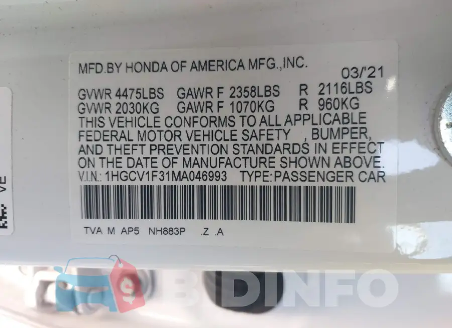 1HGCV1F31MA046993 Photo# 9