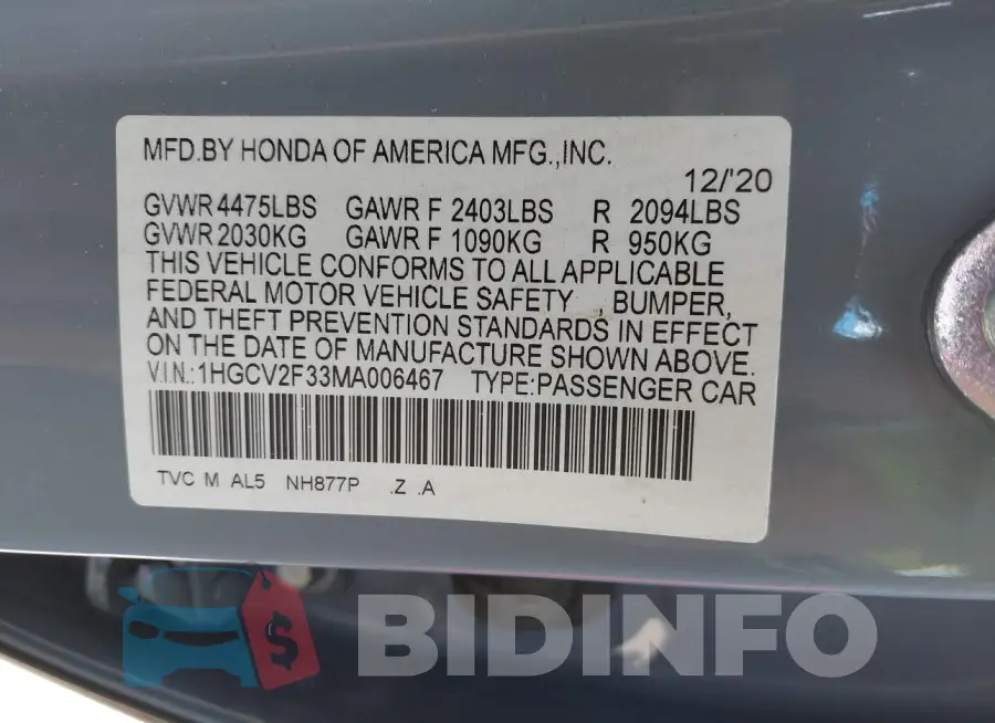 1HGCV2F33MA006467 Photo# 9