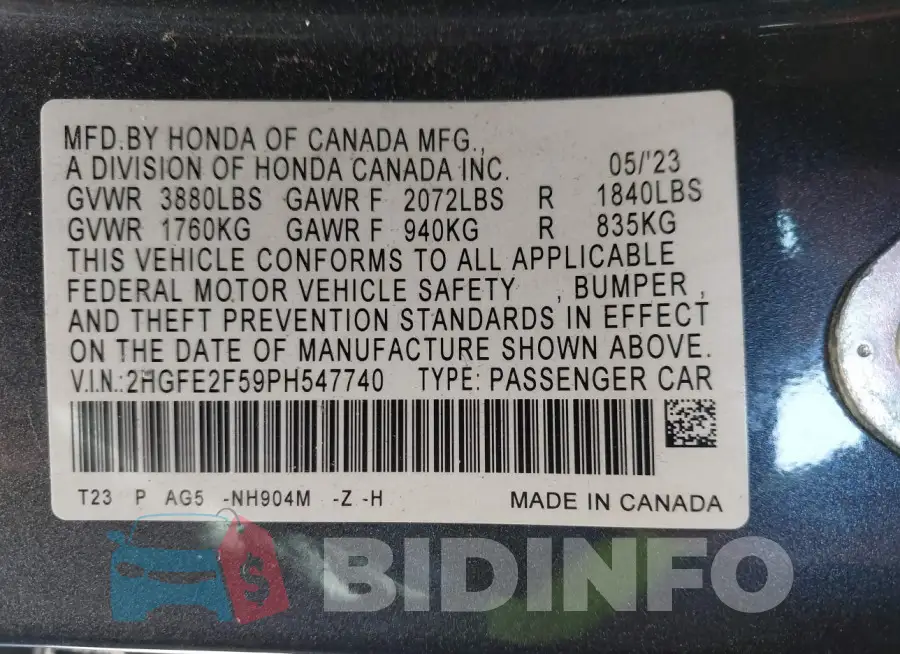 2HGFE2F59PH547740 Photo# 9