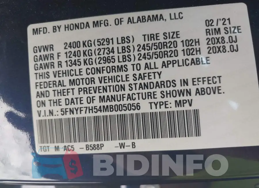 5FNYF7H54MB005056 Photo# 9