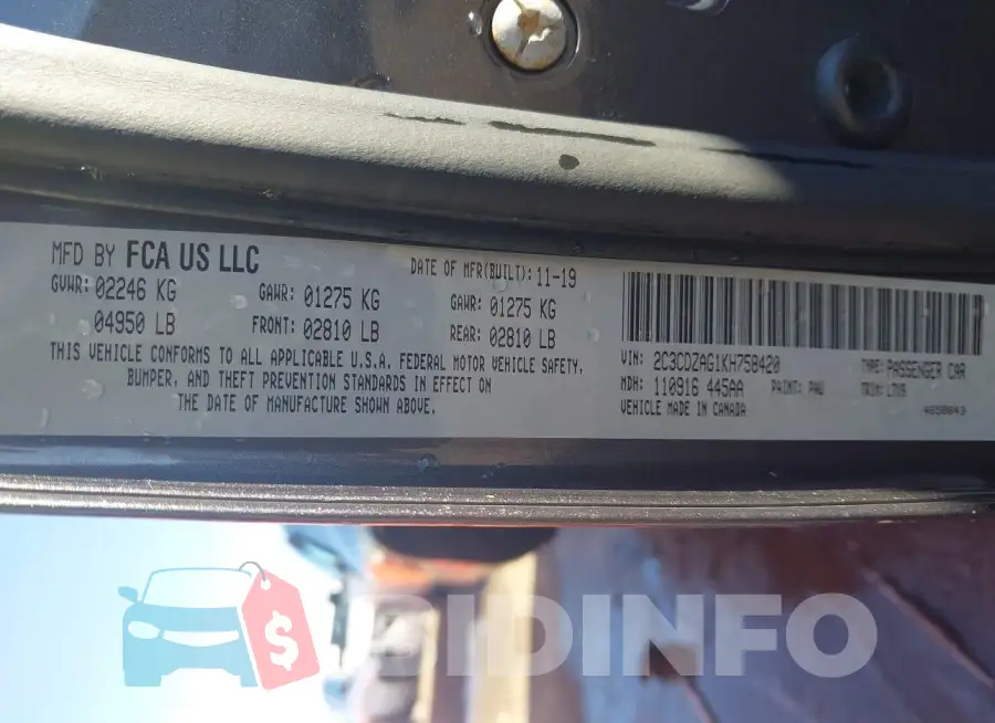 2C3CDZAG1KH758420 Photo# 9