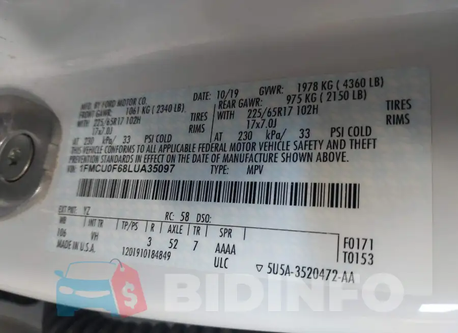 1FMCU0F68LUA35097 Photo# 9