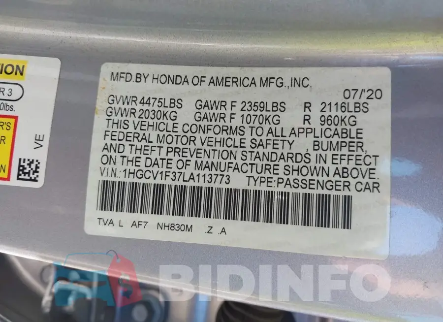 1HGCV1F37LA113773 Photo# 9