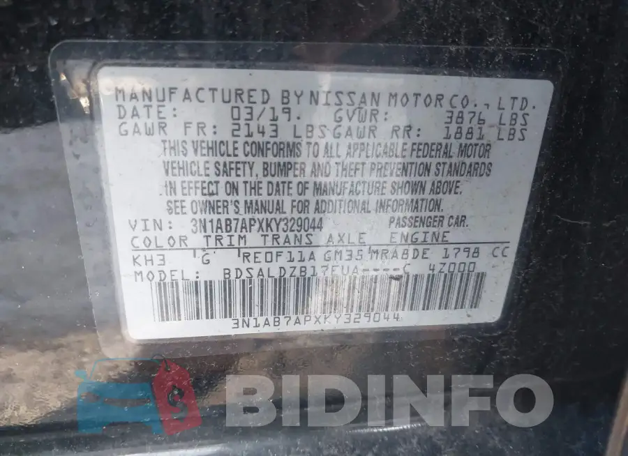 3N1AB7APXKY329044 Photo# 9