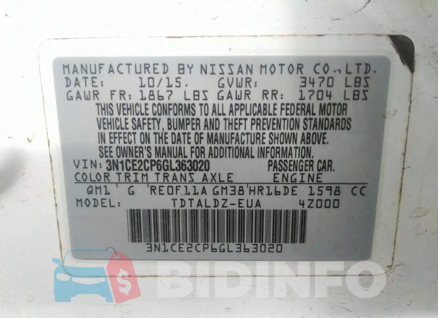 3N1CE2CP6GL363020 Photo# 9
