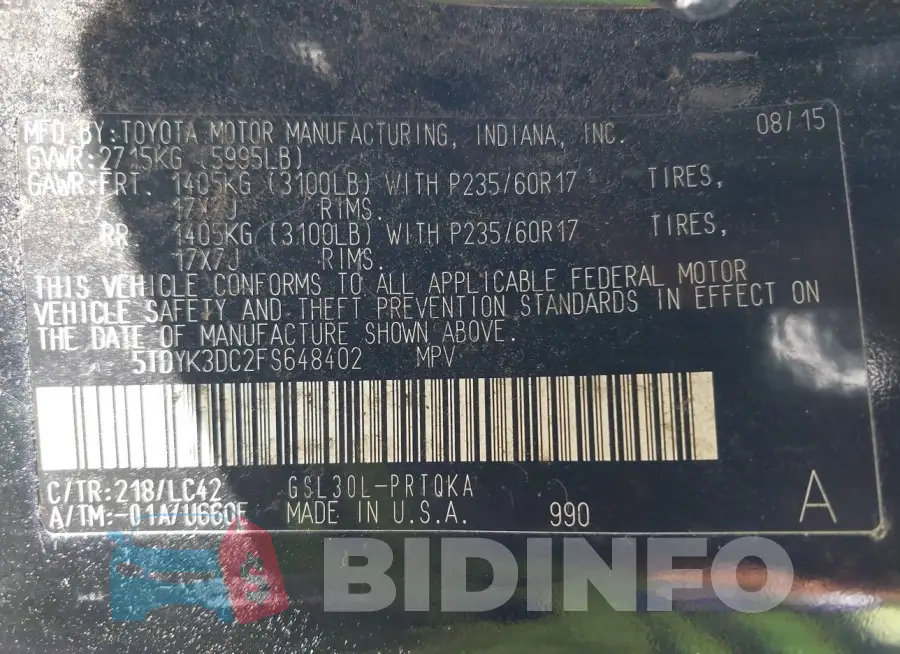 5TDYK3DC2FS648402 Photo# 9