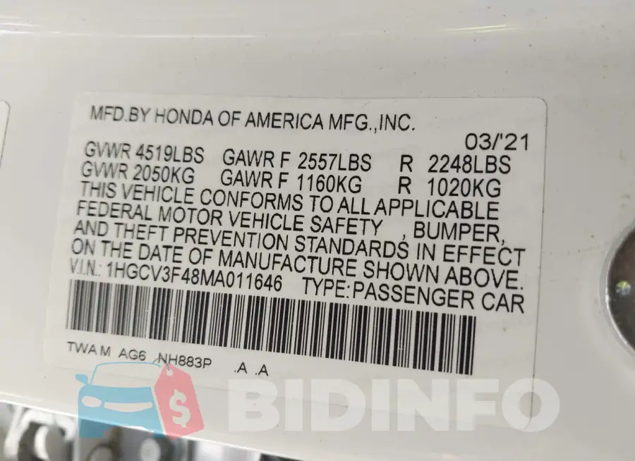 1HGCV3F48MA011646 Photo# 9