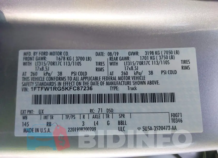 1FTFW1RG5KFC87236 Photo# 9