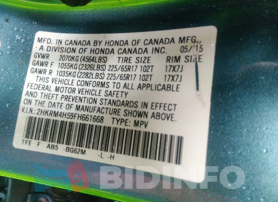 2HKRM4H59FH661668 Photo# 9