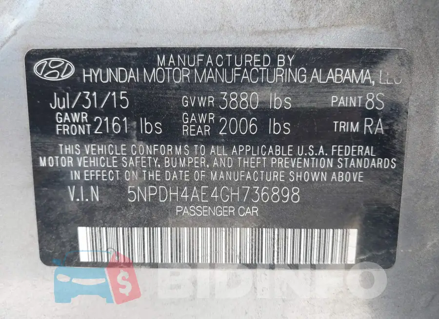 5NPDH4AE4GH736898 Photo# 9