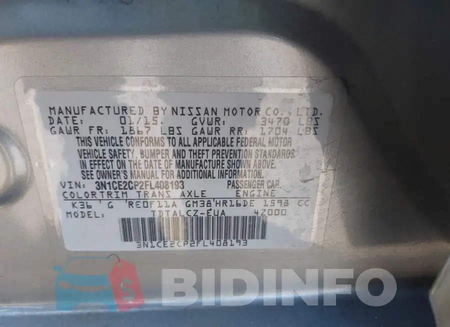 3N1CE2CP2FL408193 Photo# 9