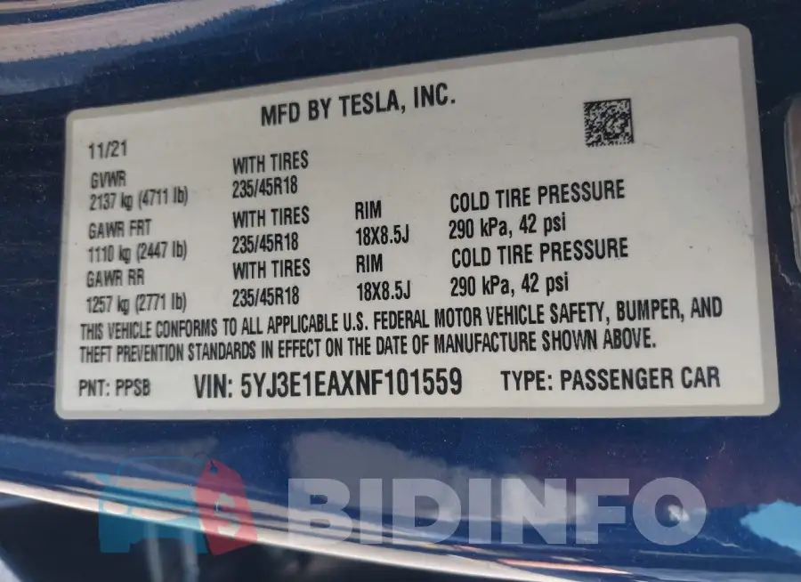 5YJ3E1EAXNF101559 Photo# 9