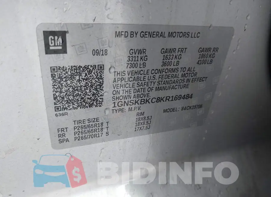 1GNSKBKC8KR169484 Photo# 9