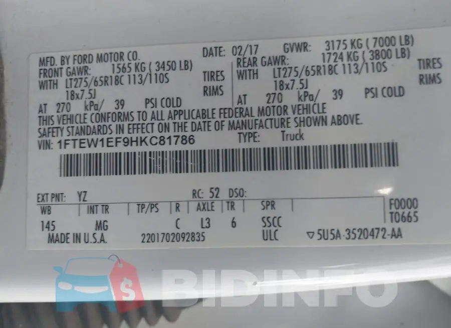 1FTEW1EF9HKC81786 Photo# 9