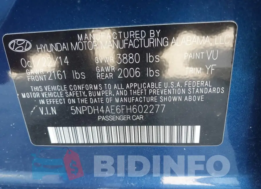 5NPDH4AE6FH602277 Photo# 9