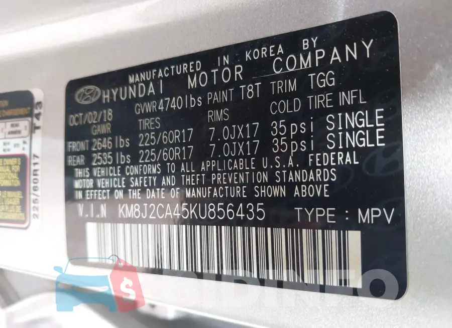 KM8J2CA45KU856435 Photo# 9