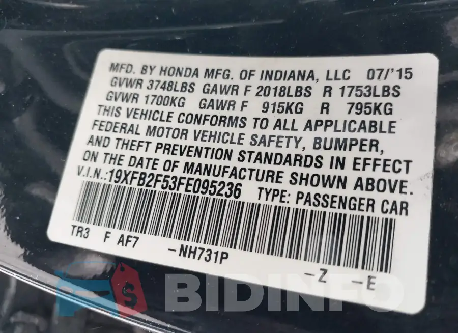 19XFB2F53FE095236 Photo# 9