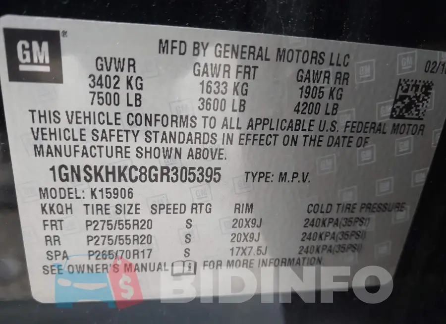 1GNSKHKC8GR305395 Photo# 9