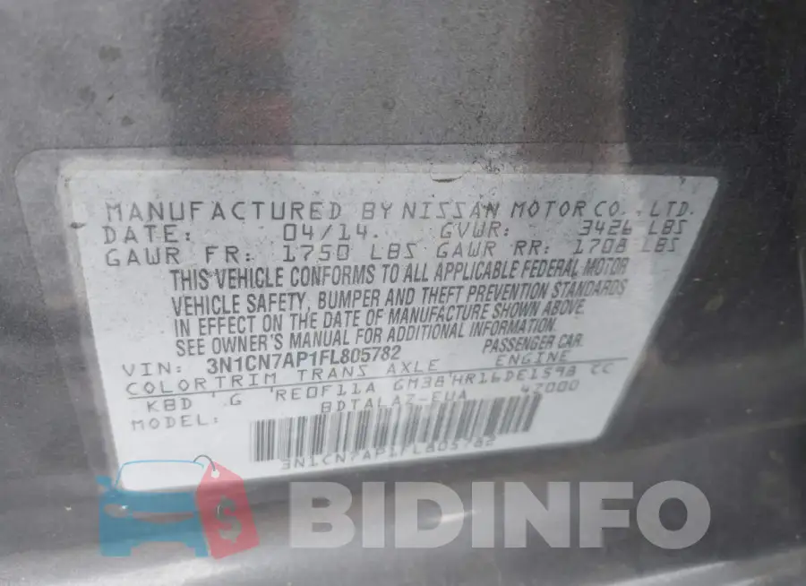 3N1CN7AP1FL805782 Photo# 9