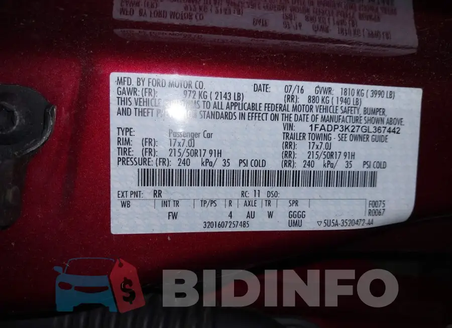 1FADP3K27GL367442 Photo# 9
