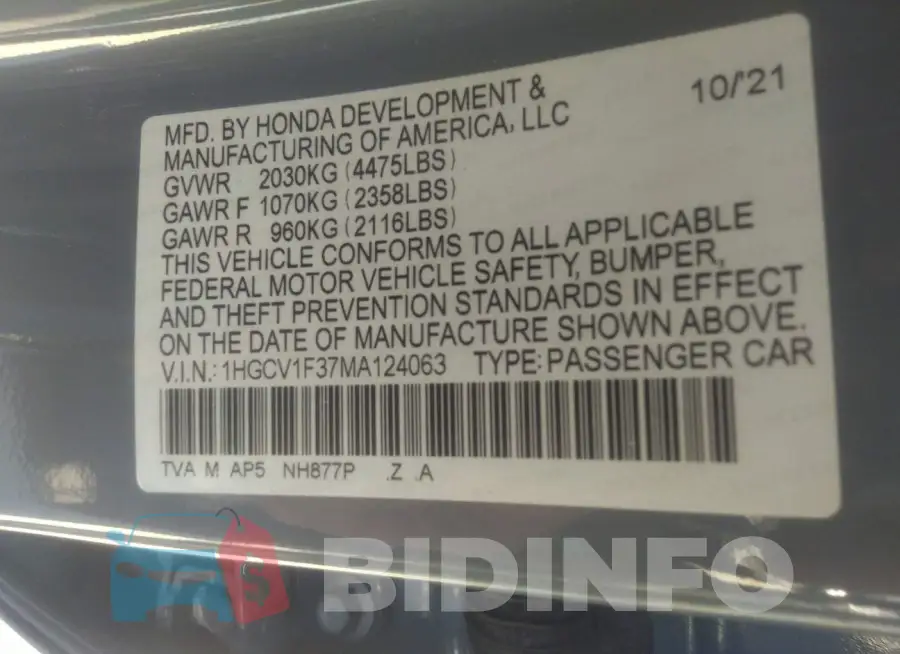 1HGCV1F37MA124063 Photo# 9