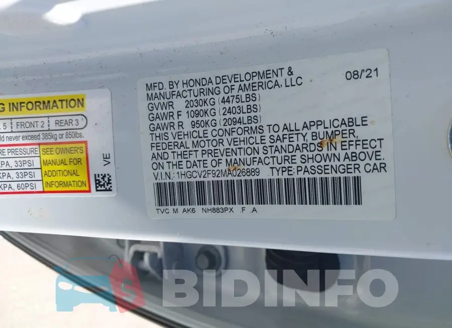 1HGCV2F92MA026889 Photo# 9