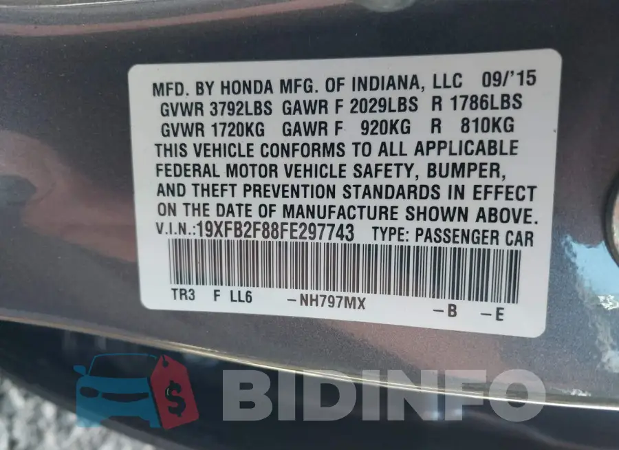 19XFB2F88FE297743 Photo# 9